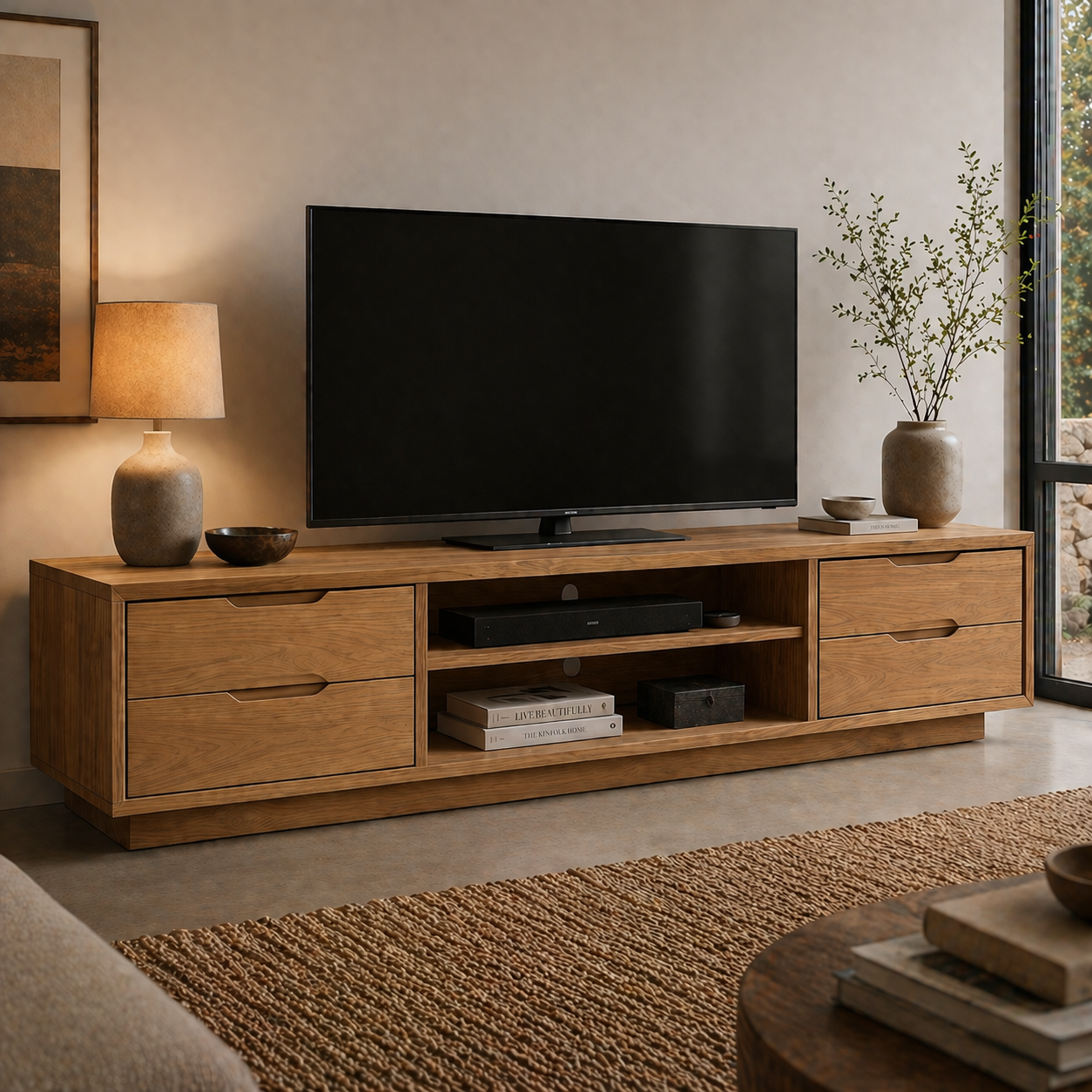 Solid Wood Media Console with Drawers, Modern Low TV Stand with Open Shelf Storage