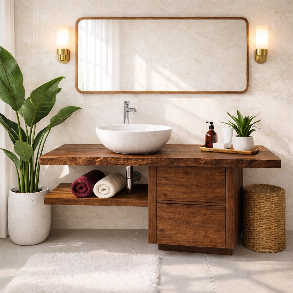 Handcrafted Solid Wood Bathroom Vanity with Live Edge Countertop and Modern Storage Design