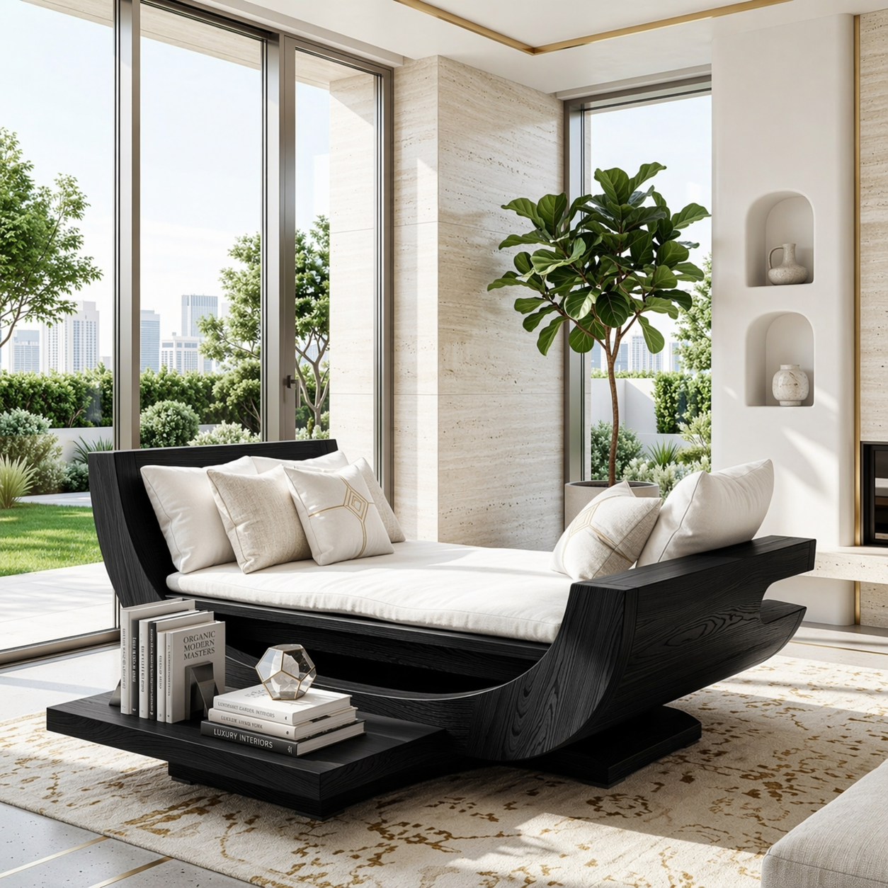 Modern Wooden Chaise Sofa, Minimalist Lounge Daybed with Built-In Bookshelf Couch