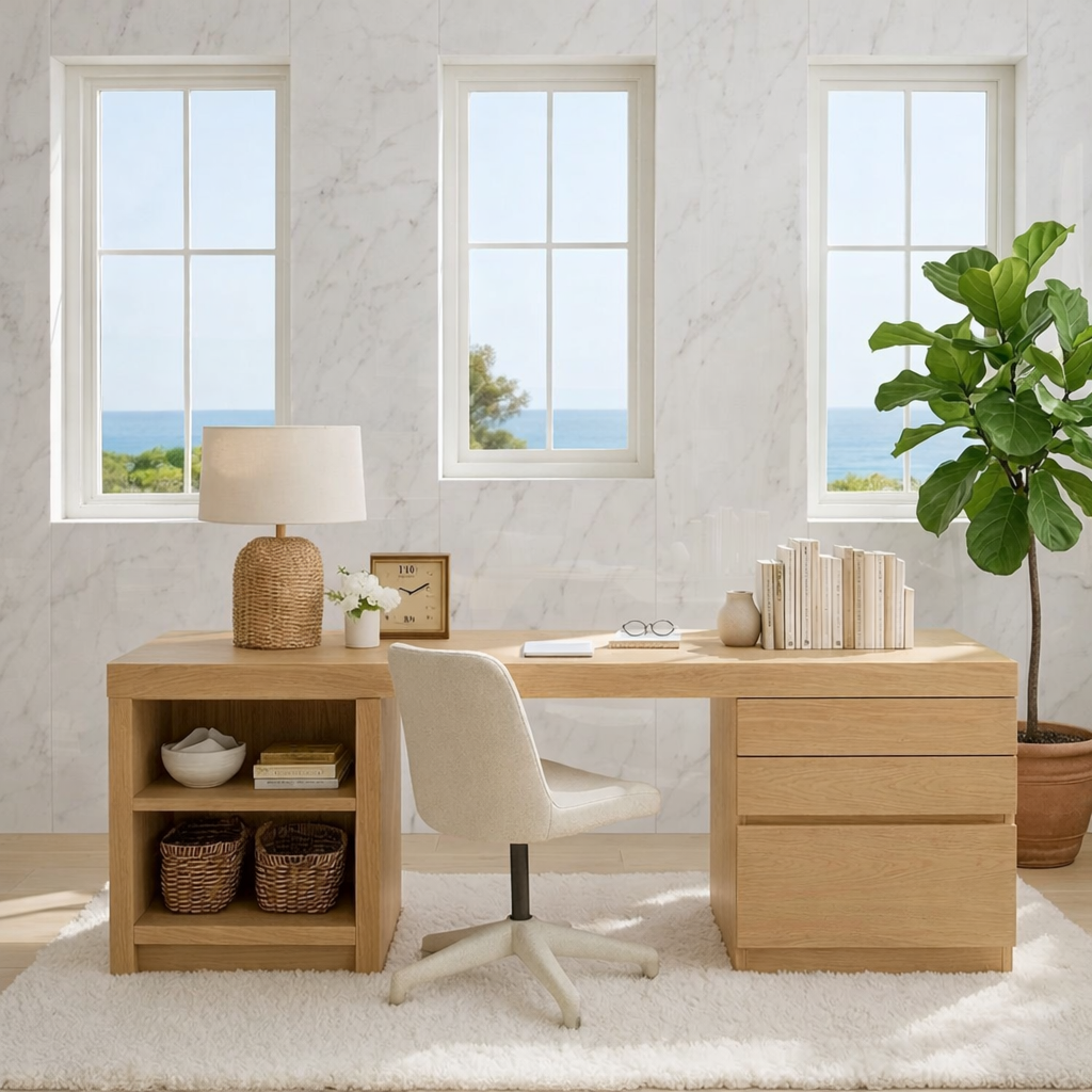 Modern Home Office Desk with Storage Shelves and Drawers Long Writing Computer Table