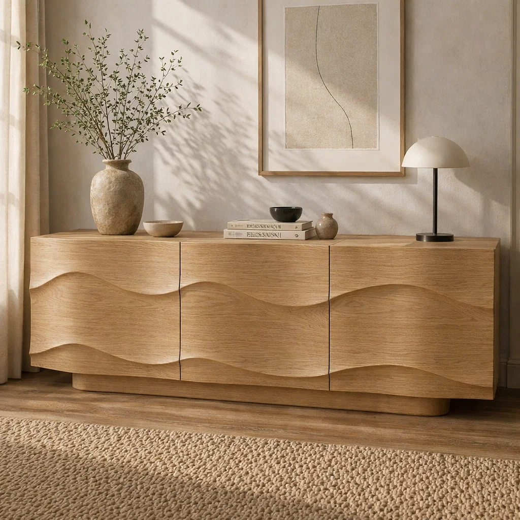 Modern Solid Wood Sideboard Cabinet with Wave Design Doors – Minimalist Storage