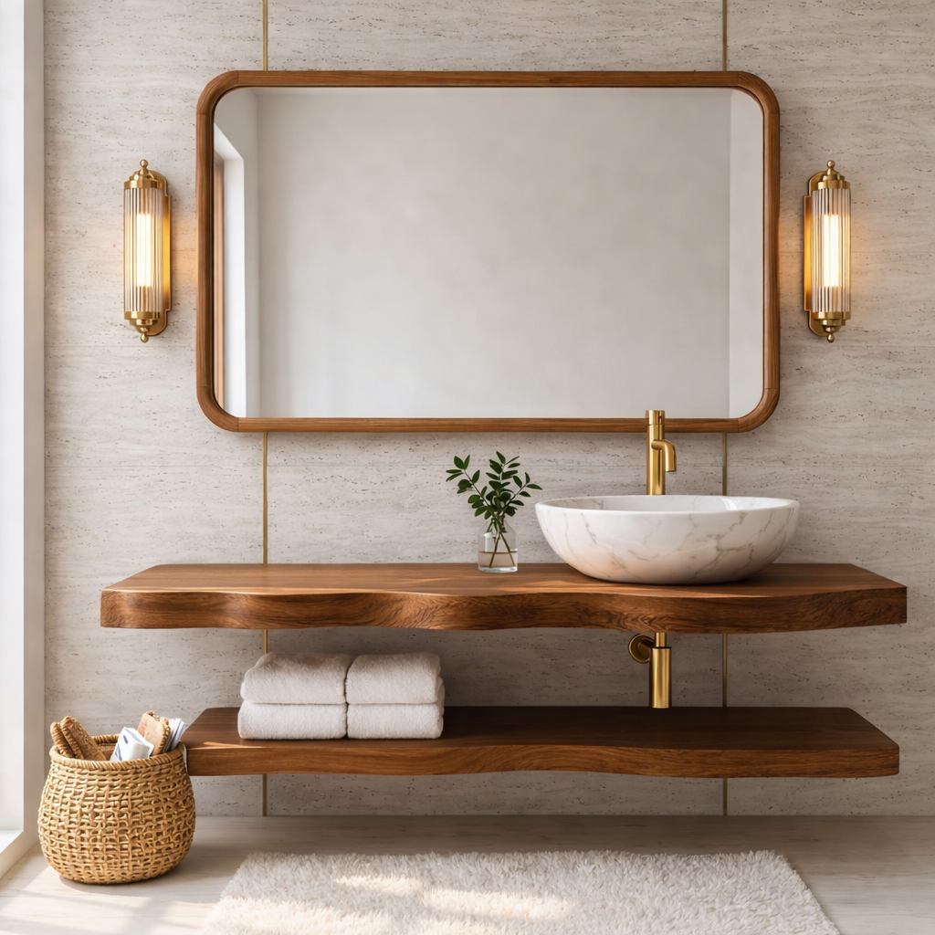 Natural Wood Floating Vanity with Curved Design, Shelf Storage, and Ceramic Sink