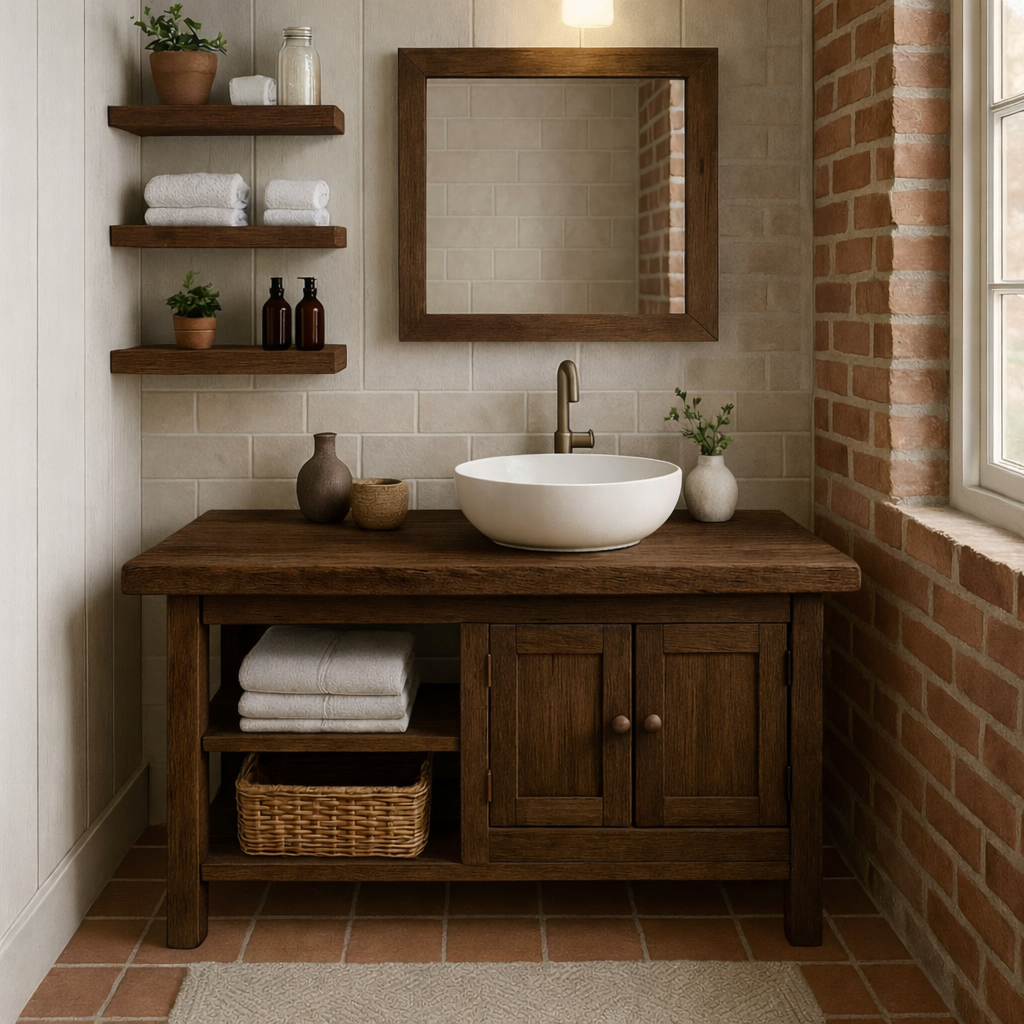 Rustic Solid Wood Bathroom Vanity with Cabinet and Open Shelf Farmhouse Vanity