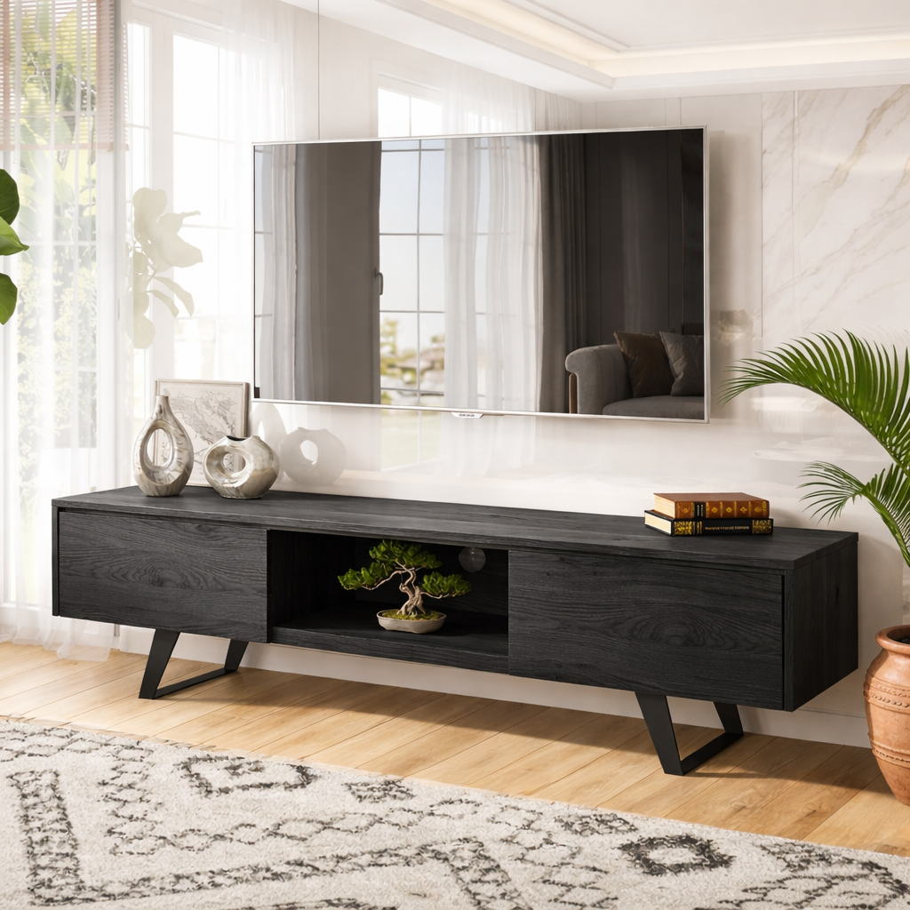 Solid Wood TV Stand with Storage, Open Shelf Media Console Cabinet