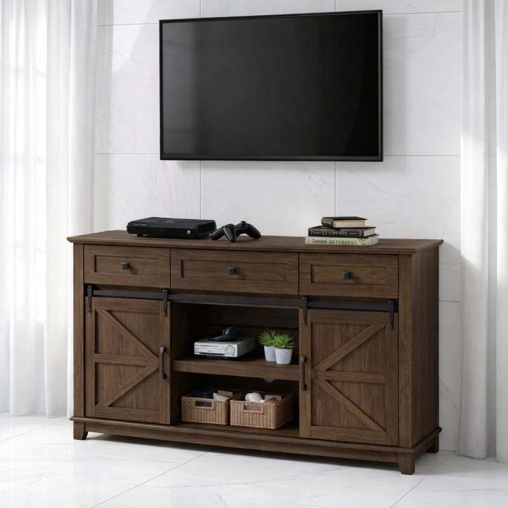 Solid Wood TV Stand with Sliding Barn Doors Drawers and Open Shelf