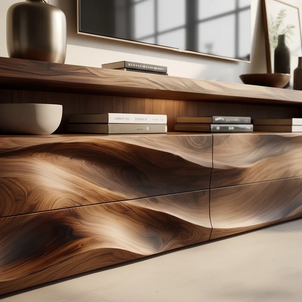 Solid Wood TV Stand Modern Walnut Media Console with Wave Front Design