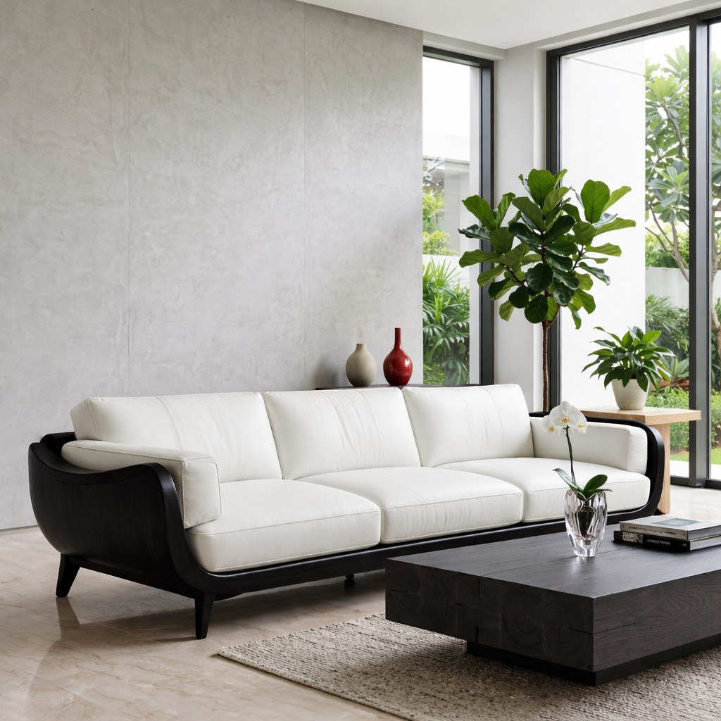 Modern Curved Solid Wood Sofa with White Leather Cushions Luxury Scandi Couch