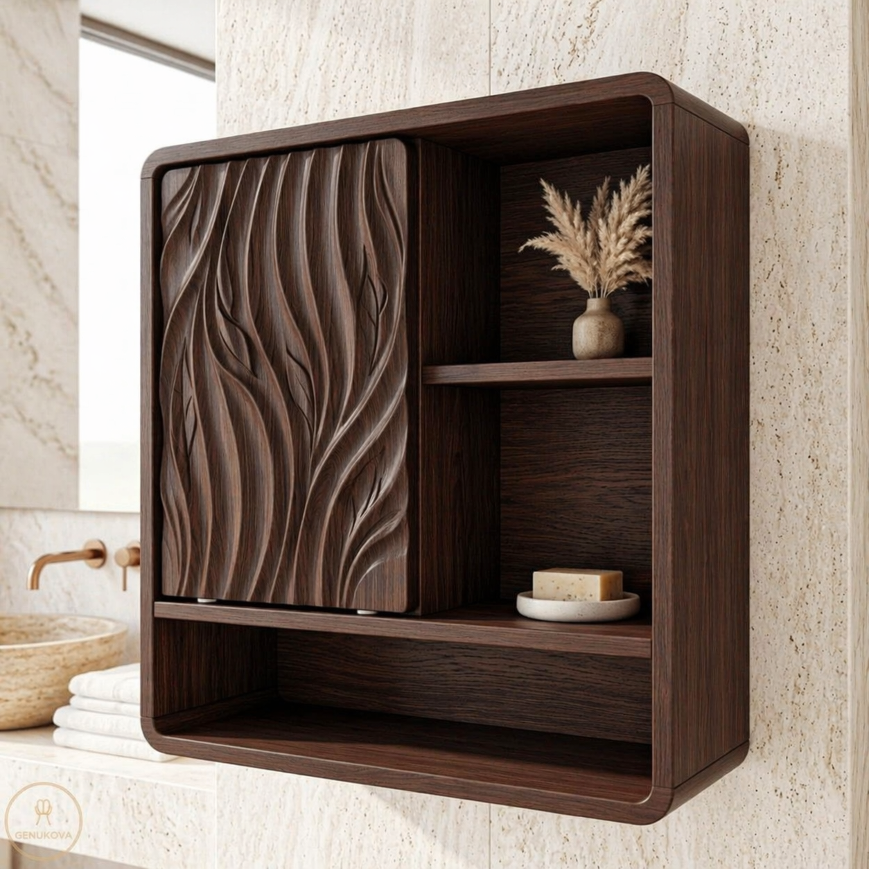 Floating Bathroom Cabinet, Modern Carved Wall Mounted Vanity Storage Organizer Unit
