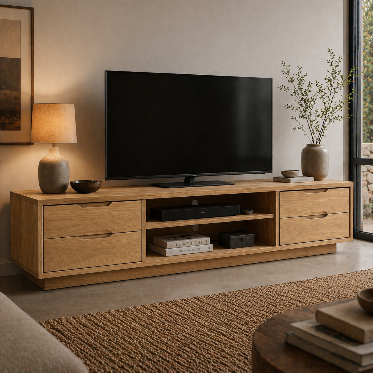Solid Wood Media Console with Drawers, Modern Low TV Stand with Open Shelf Storage