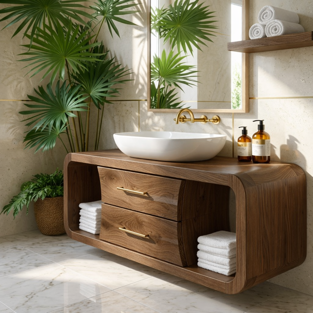 Modern Solid Wood Bathroom Vanity with Curved Frame and Open Shelf Storage