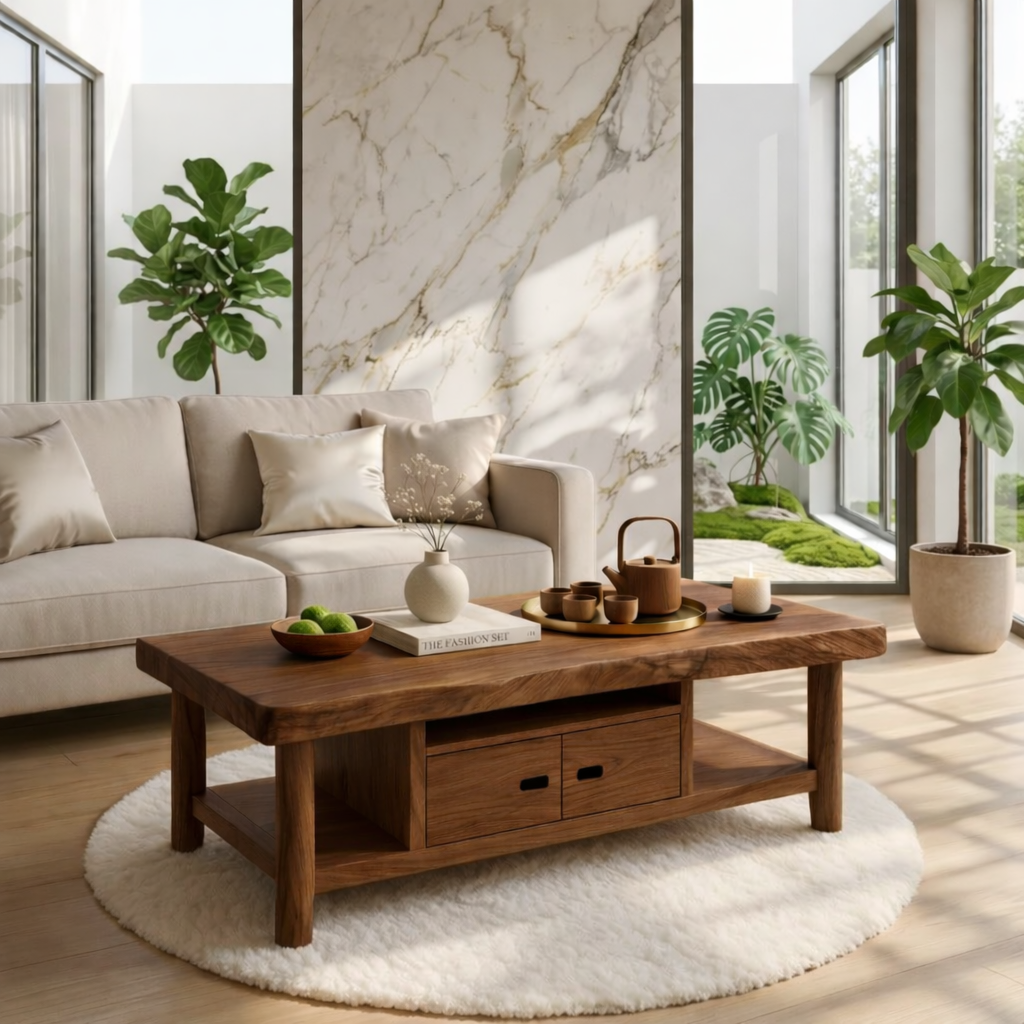 Solid Wood Coffee Table with Storage Shelf and Drawers for Living Room Decor