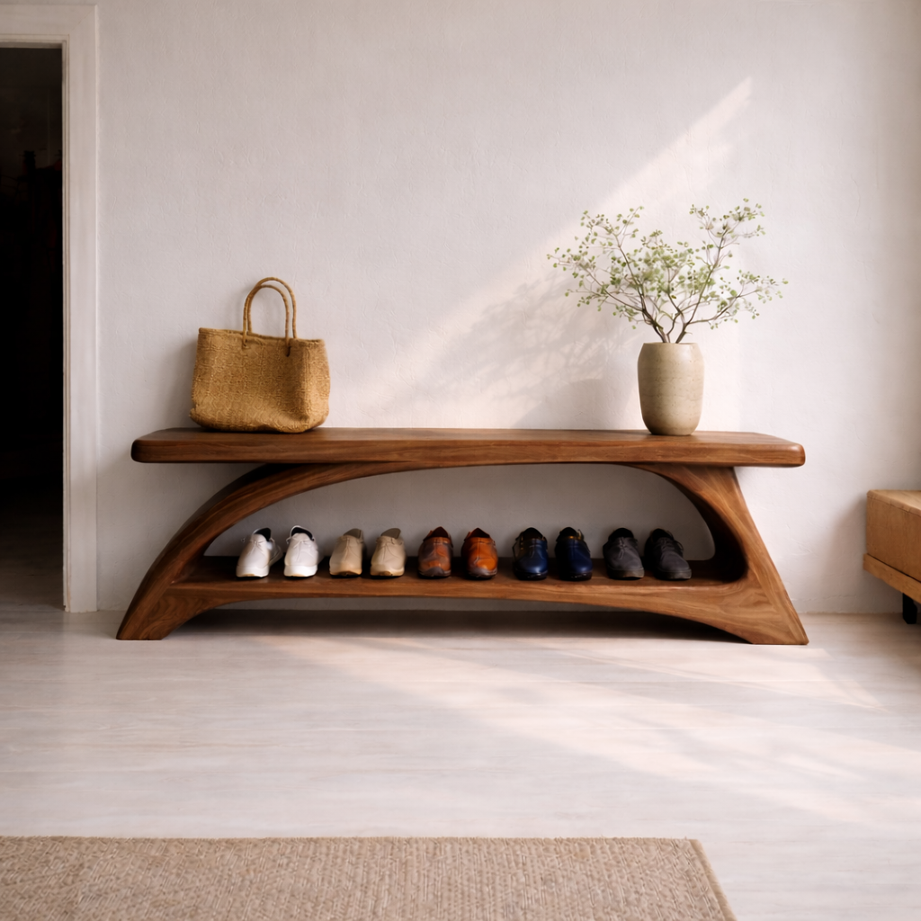 Solid Wood Entryway Bench with Shoe Storage Shelf – Modern Curved Wooden Shoe Rack Bench