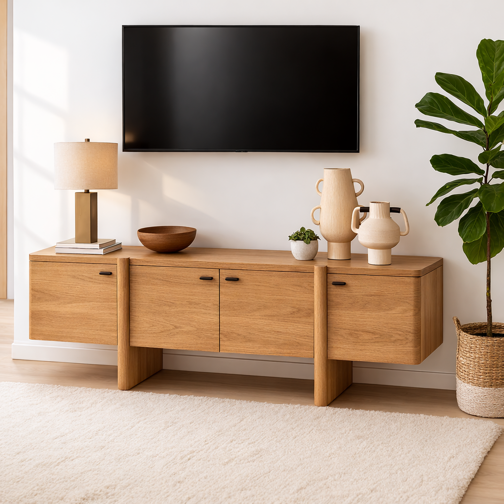 Handcrafted Solid Wood TV Stand with Drawer and Open Shelf Mid Century Modern Media Console
