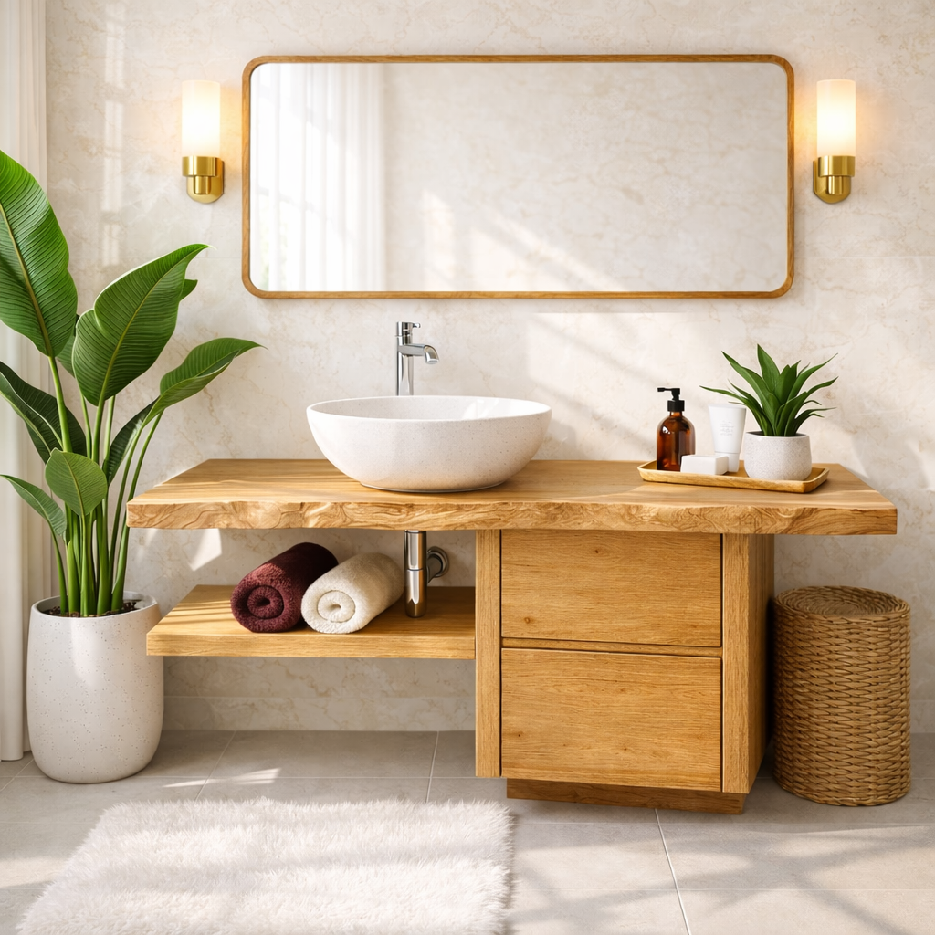Handcrafted Solid Wood Bathroom Vanity with Live Edge Countertop and Modern Storage Design
