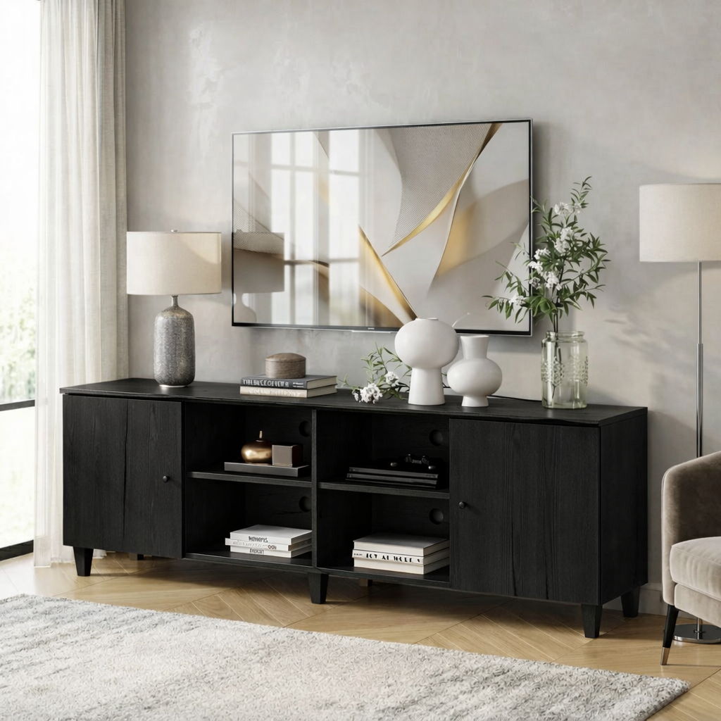 Modern Solid Wood TV Stand with Open Cubes and Side Cabinets Media Console