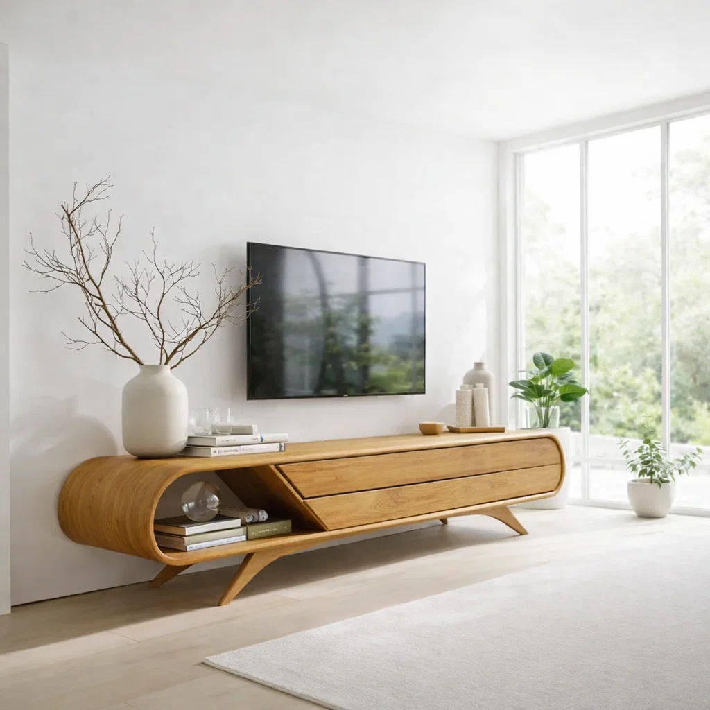 Solid Wood Media Console with Curved Design & Drawer Storage, Modern TV Stand