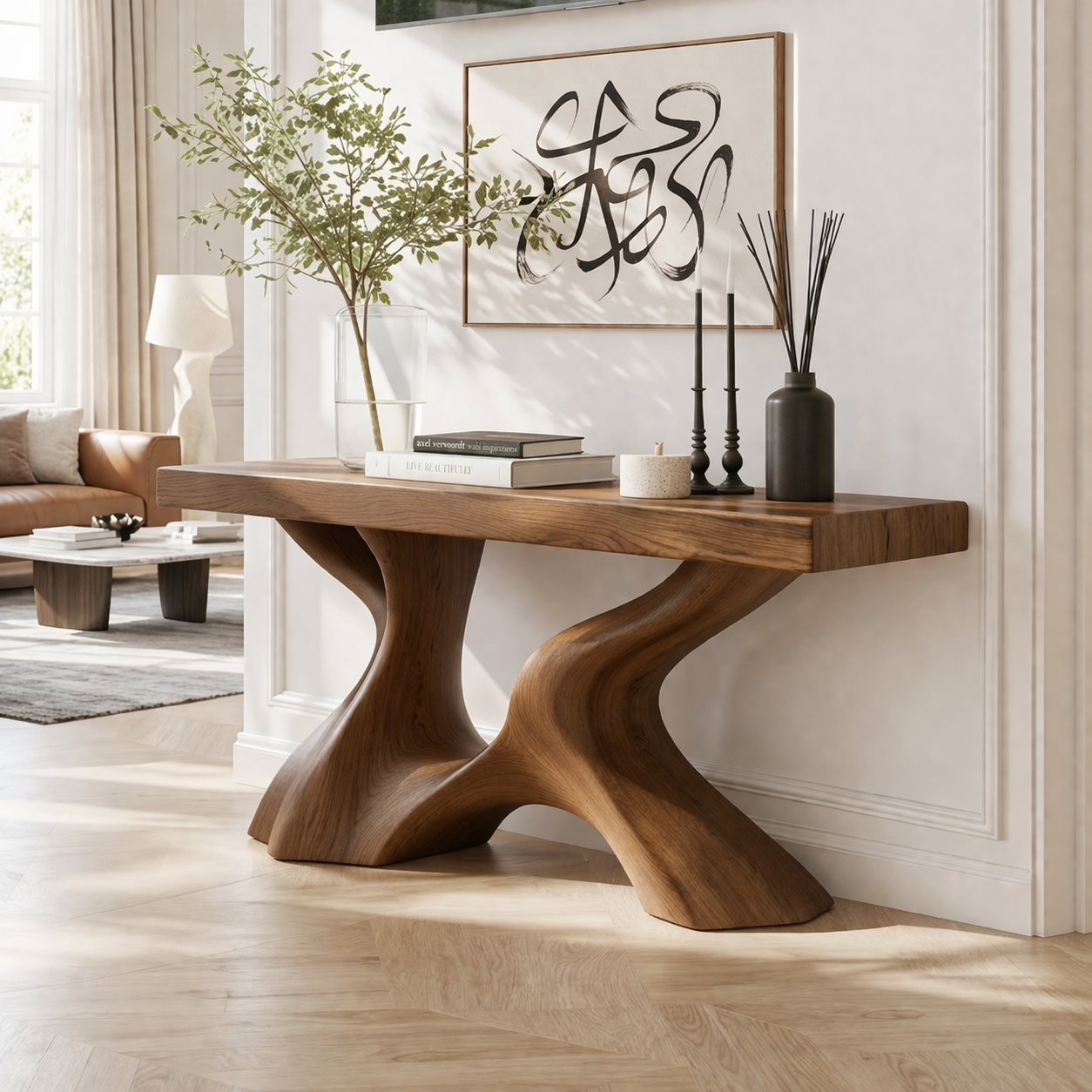 Solid Wood Console Table with Sculpted Curved Base, Modern Organic Design