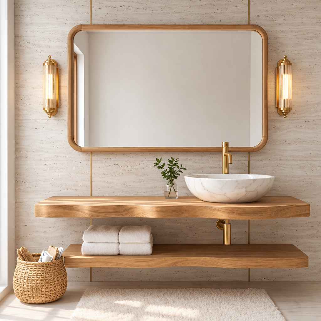 Natural Wood Floating Vanity with Curved Design, Shelf Storage, and Ceramic Sink