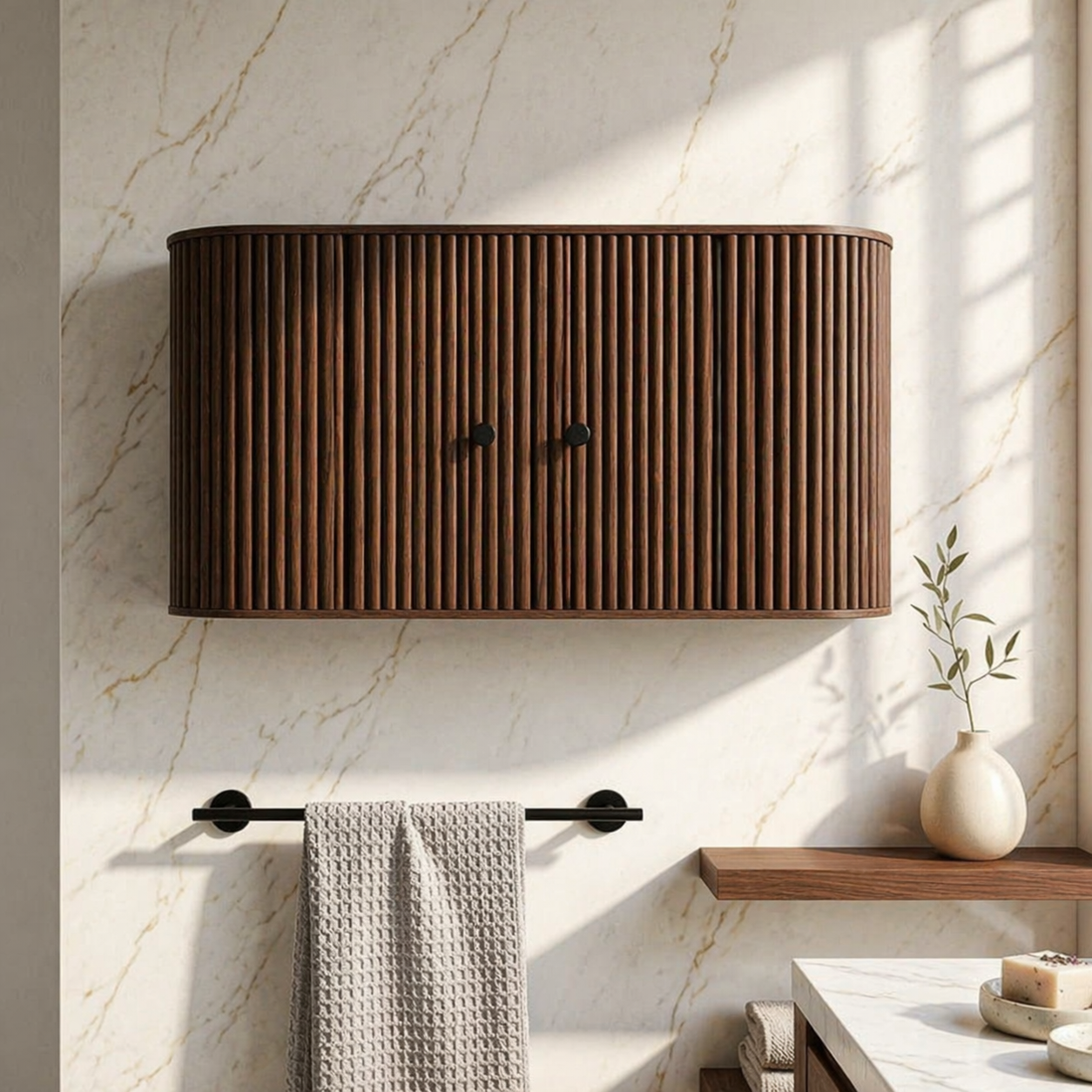 Curved Floating Bathroom Cabinet, Modern Fluted Wall Mounted Storage Organizer