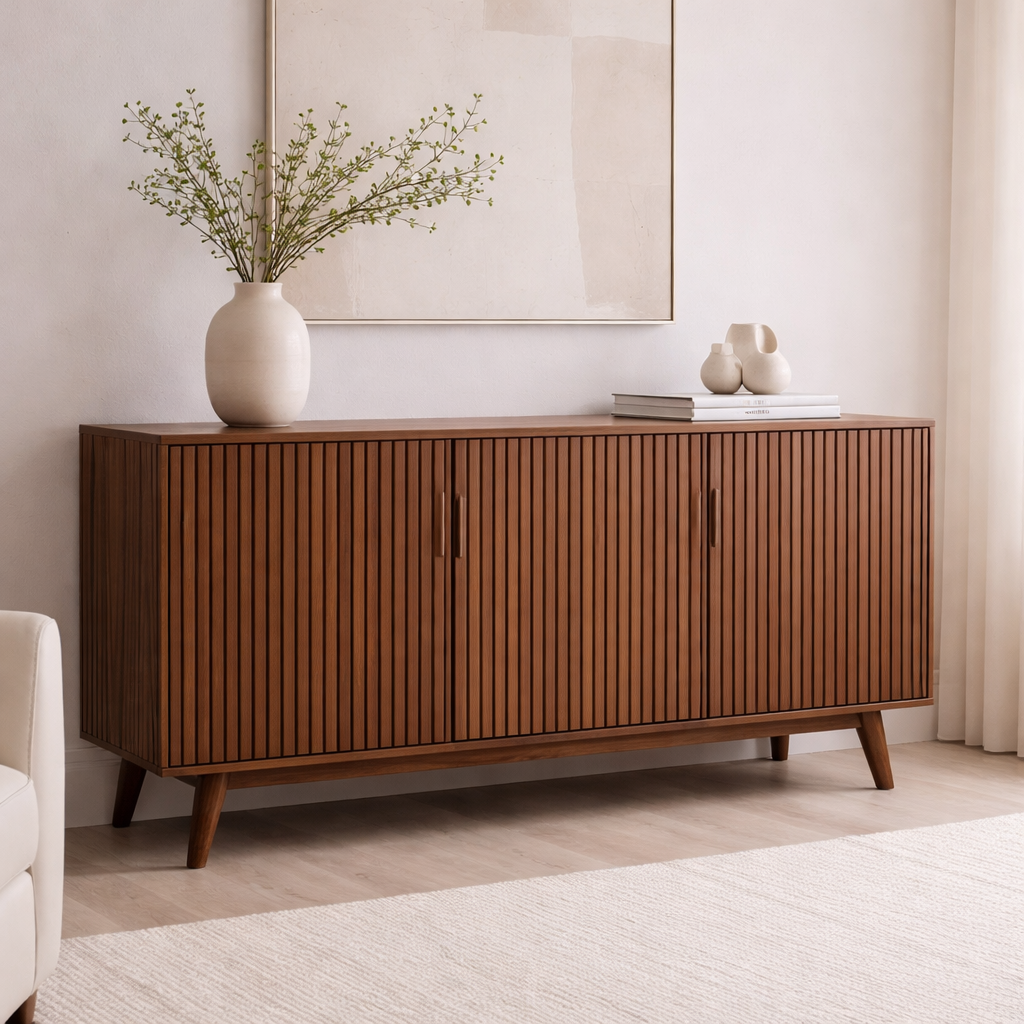 Solid Wood Fluted Console Cabinet with Doors – Modern Storage Sideboard
