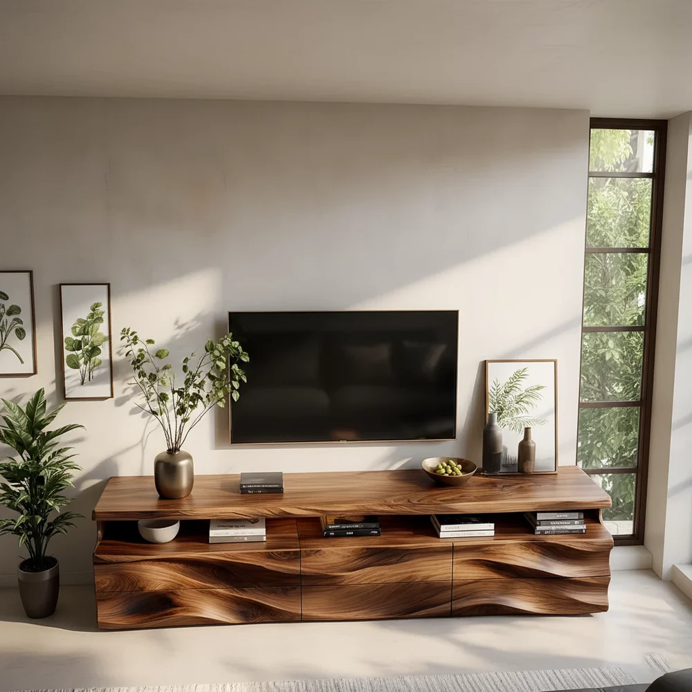 Solid Wood TV Stand Modern Walnut Media Console with Wave Front Design