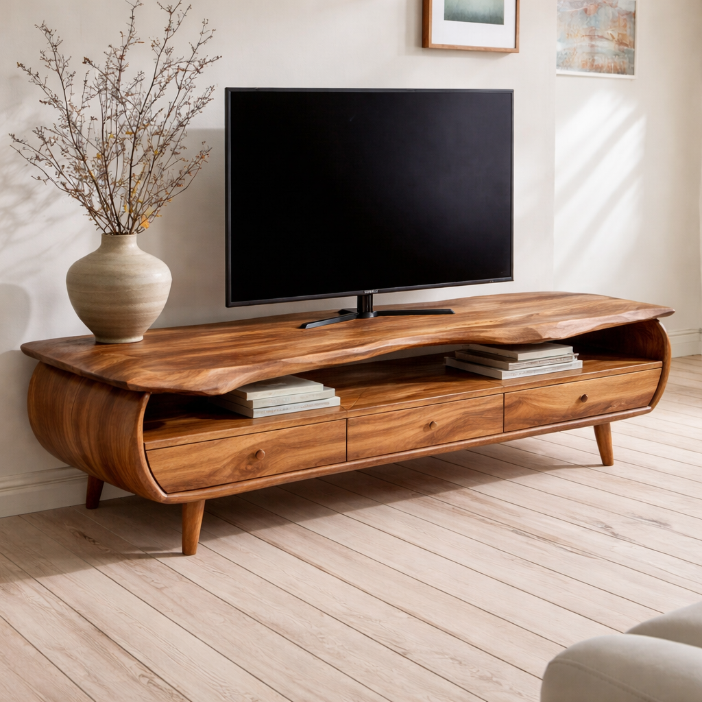 Live Edge Solid Wood Media Console – Modern TV Stand with Drawers & Storage