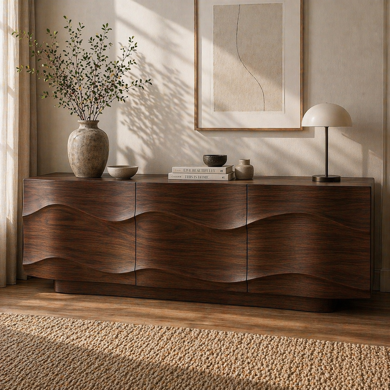 Modern Solid Wood Sideboard Cabinet with Wave Design Doors – Minimalist Storage