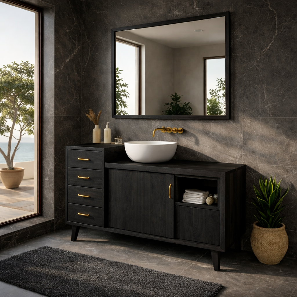 Solid Wood Bathroom Vanity with Drawers & Cabinet Storage β Mid Century Walnut Vanity