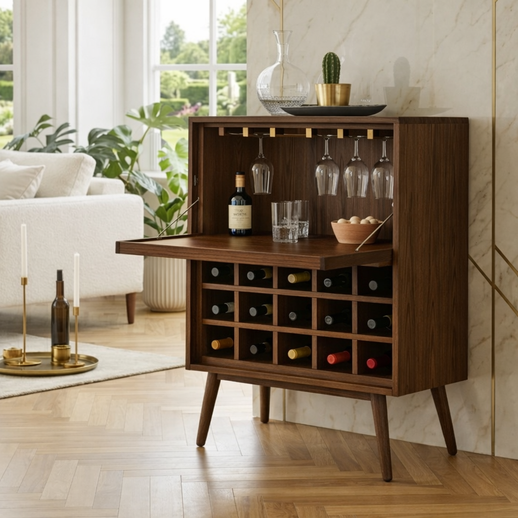 Modern Wine Cabinet with Fold Down Bar Shelf and Bottle Storage Rack