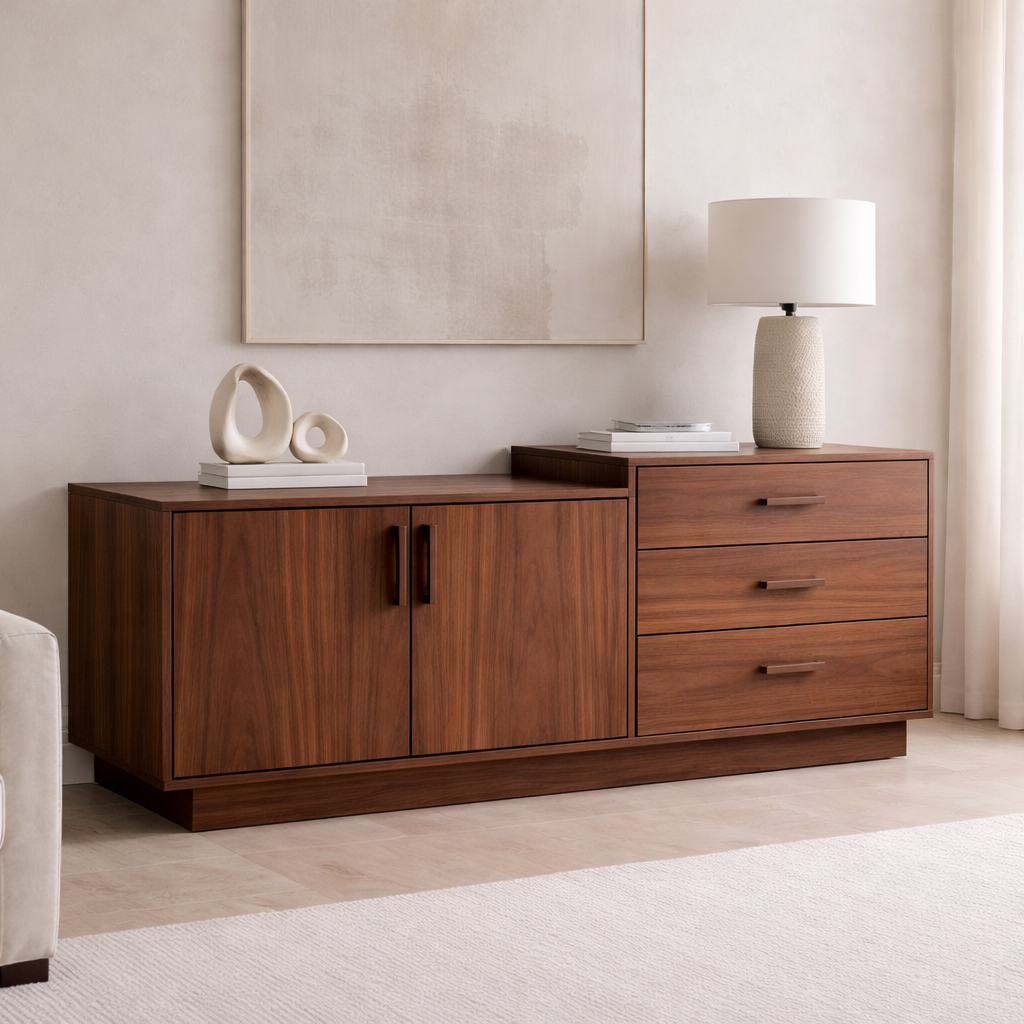 Solid Wood Sideboard Cabinet with 3 Drawers and Double Door Storage