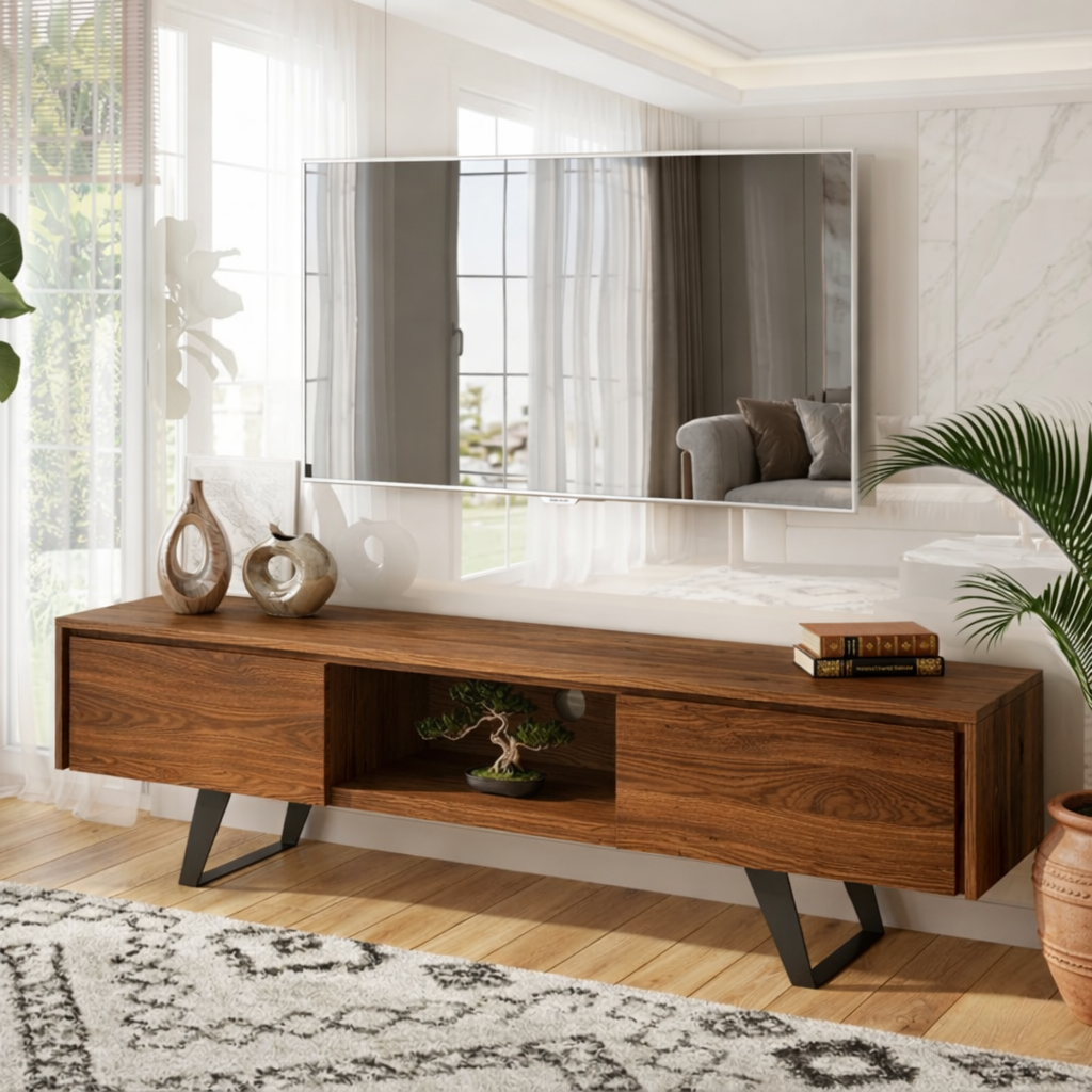 Solid Wood TV Stand with Storage, Open Shelf Media Console Cabinet