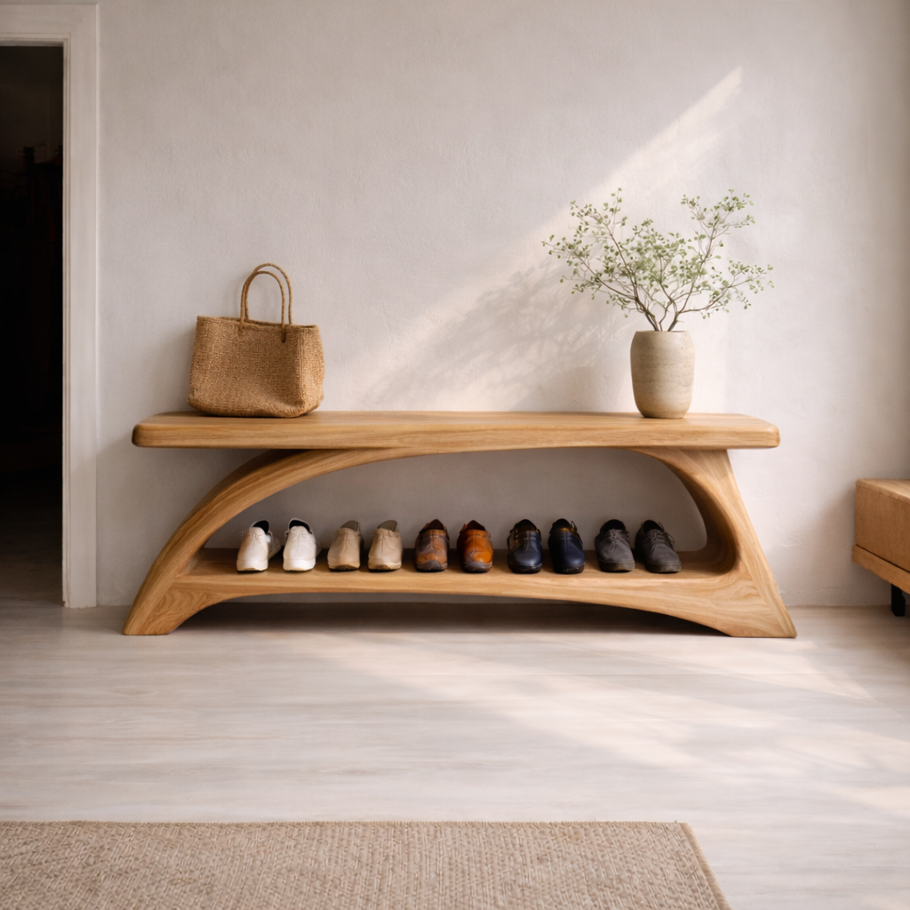 Solid Wood Entryway Bench with Shoe Storage Shelf – Modern Curved Wooden Shoe Rack Bench