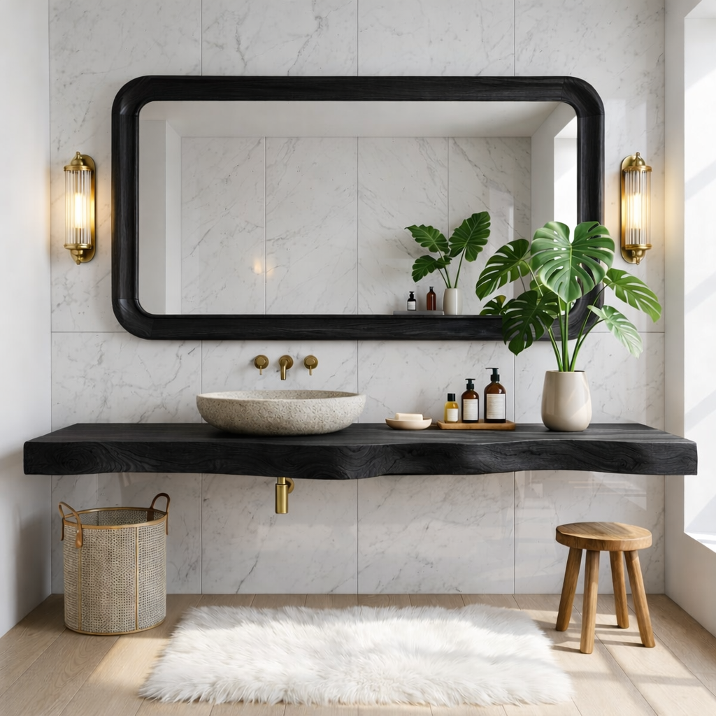 Floating Vanity with Natural Wood, Open Shelf, and Stone Basin Sink