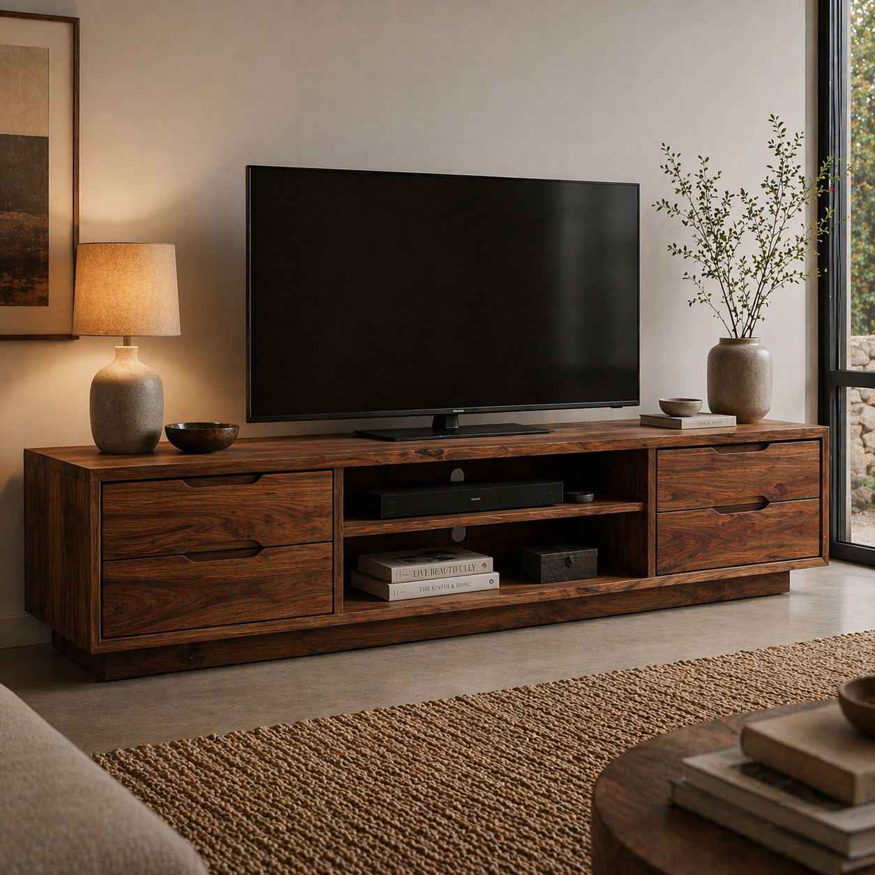 Solid Wood Media Console with Drawers, Modern Low TV Stand with Open Shelf Storage