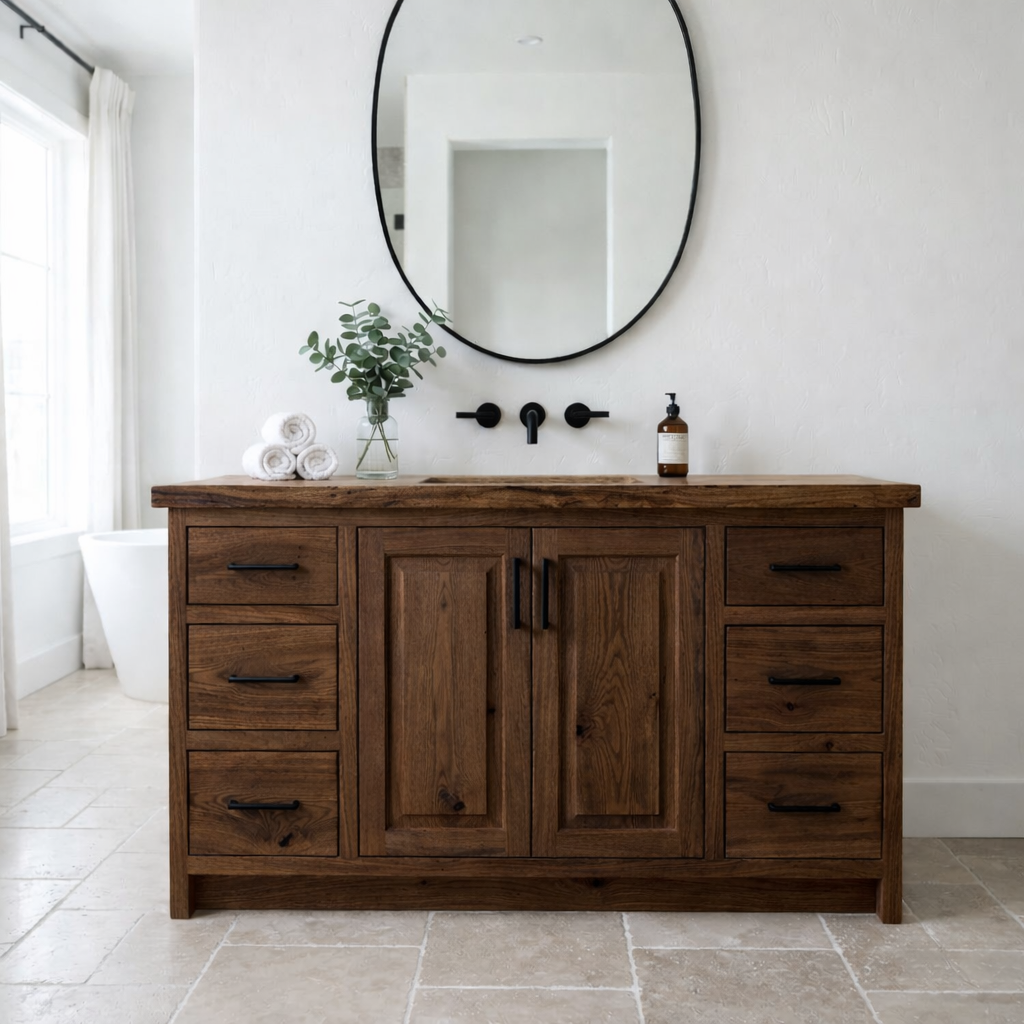 Solid Wood Bathroom Vanity with Drawers & Cabinet β Rustic Modern Storage Base