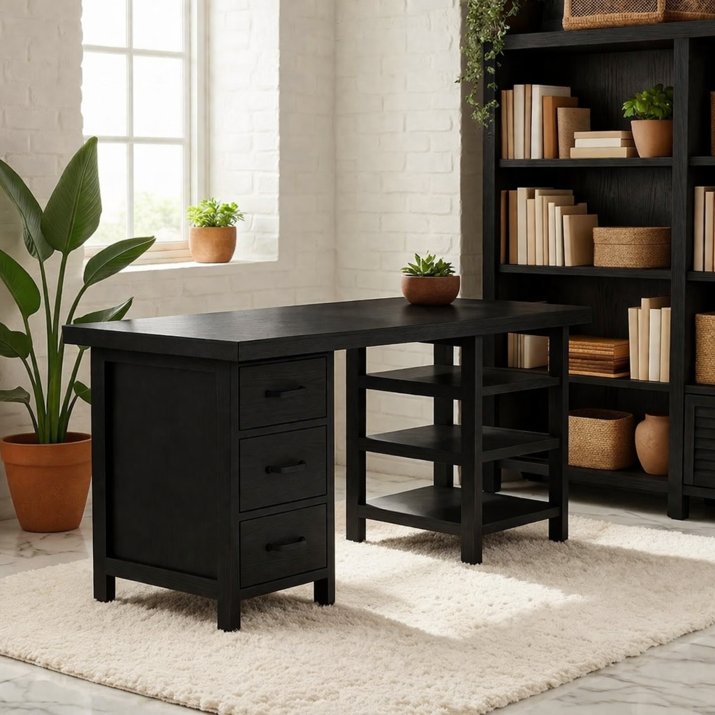 Modern Work Desk with Drawers and Open Shelving Home Office Minimal Storage Desk