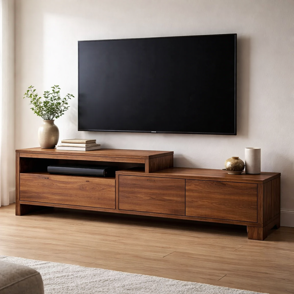 Solid Wood TV Console with Storage Cabinets and Media Shelf