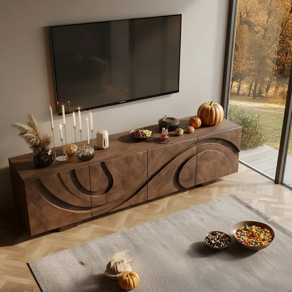 Solid Wood TV Stand Modern Walnut Media Console with Sculpted Doors and Storage