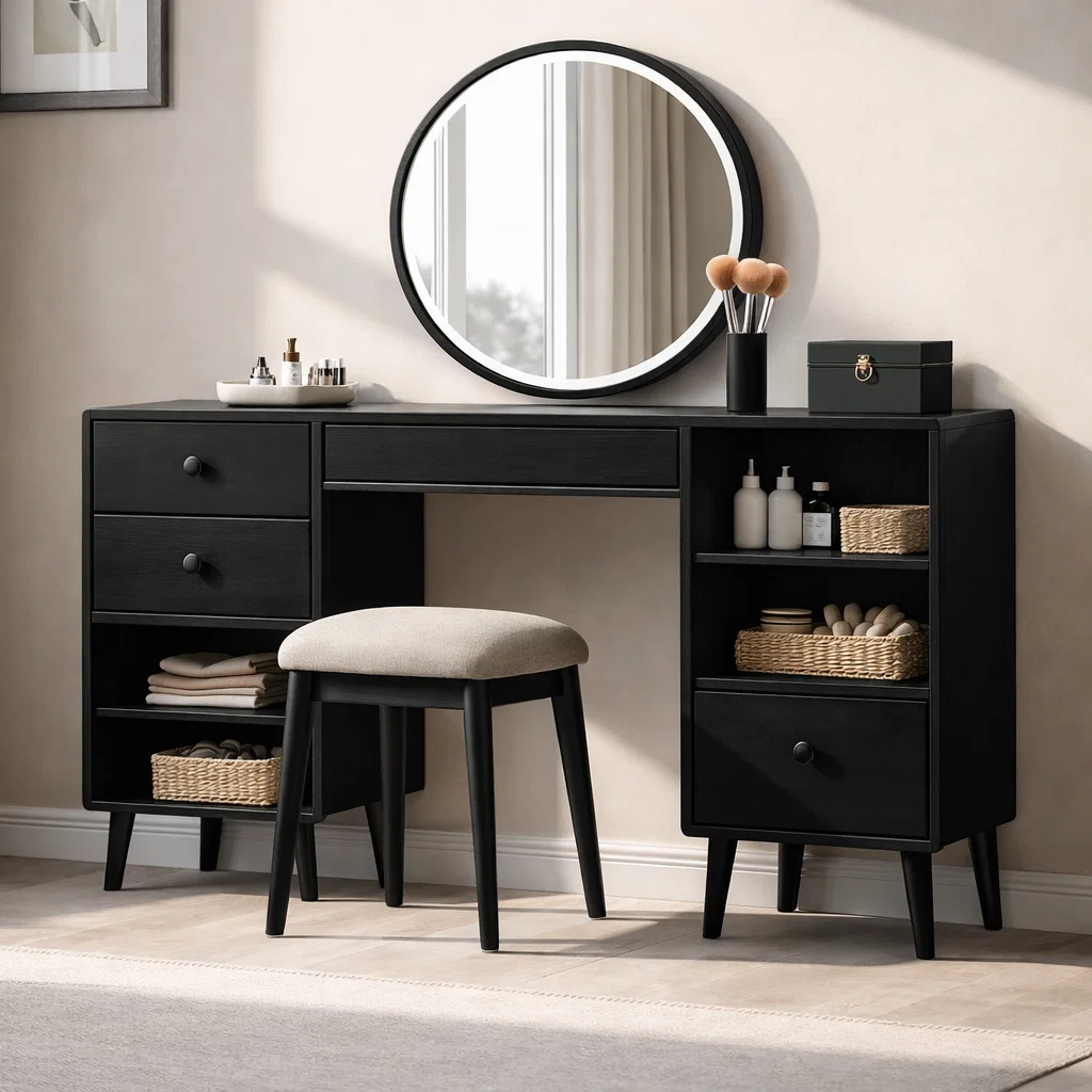 Solid Wood Makeup Vanity with Storage – Modern Mid-Century Design