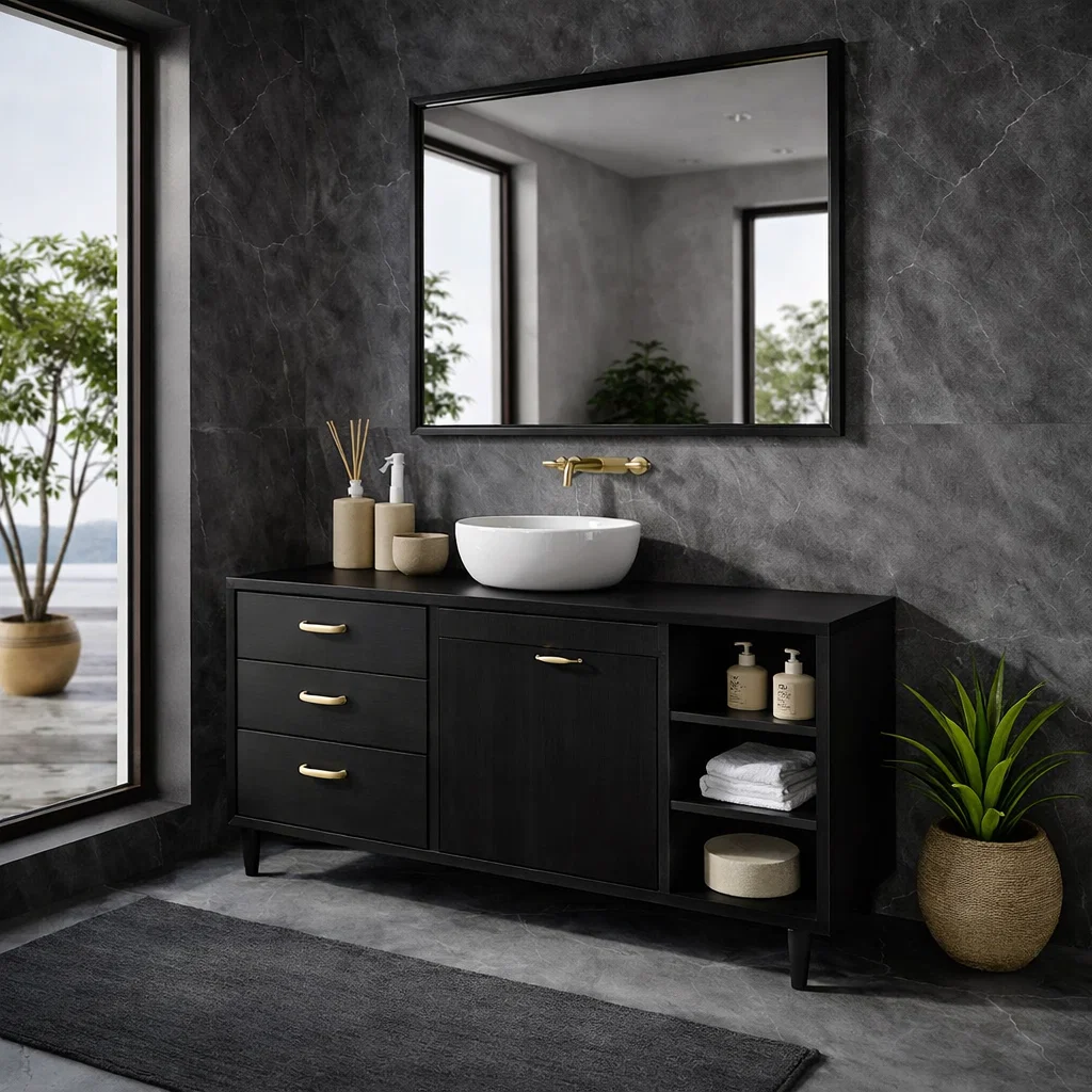 Solid Wood Bathroom Vanity with Drawers, Cabinet & Open Shelf β Mid Century Walnut Vanity