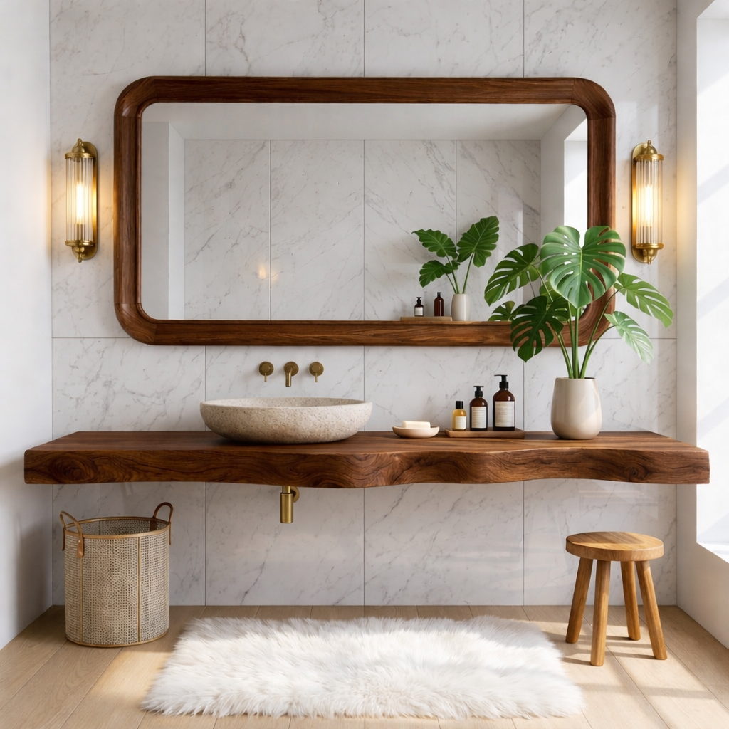 Floating Vanity with Natural Wood, Open Shelf, and Stone Basin Sink