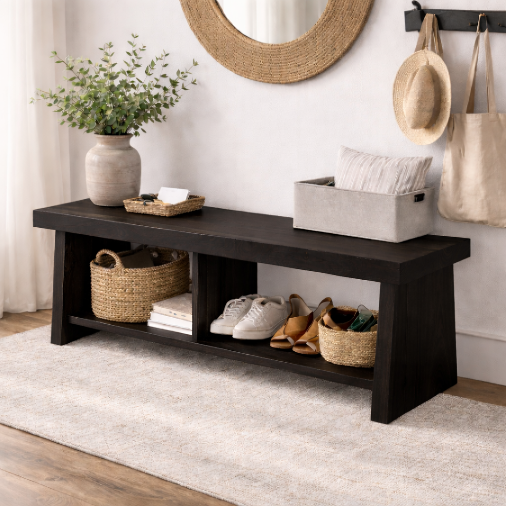 Solid Wood Entryway Bench with Storage | Rustic Hallway Bench with Open Shelves