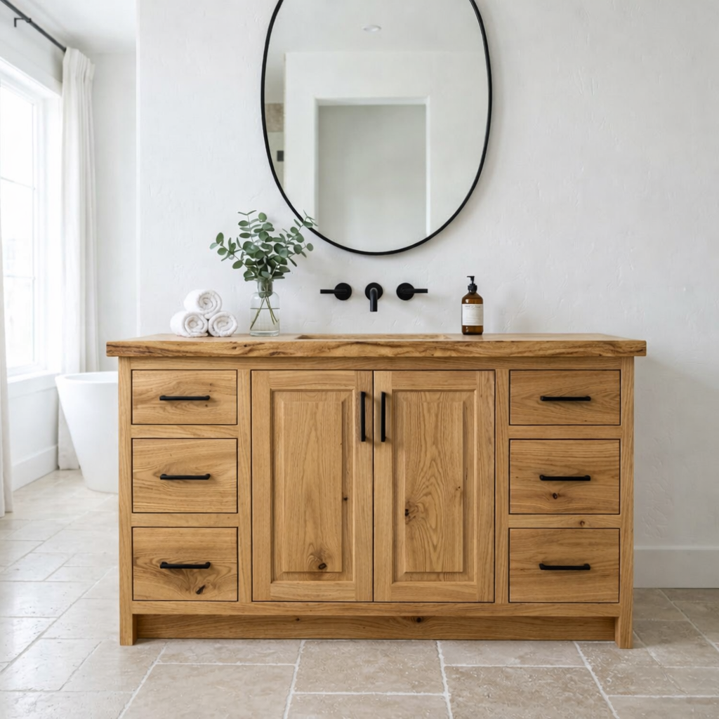 Solid Wood Bathroom Vanity with Drawers & Cabinet β Rustic Modern Storage Base
