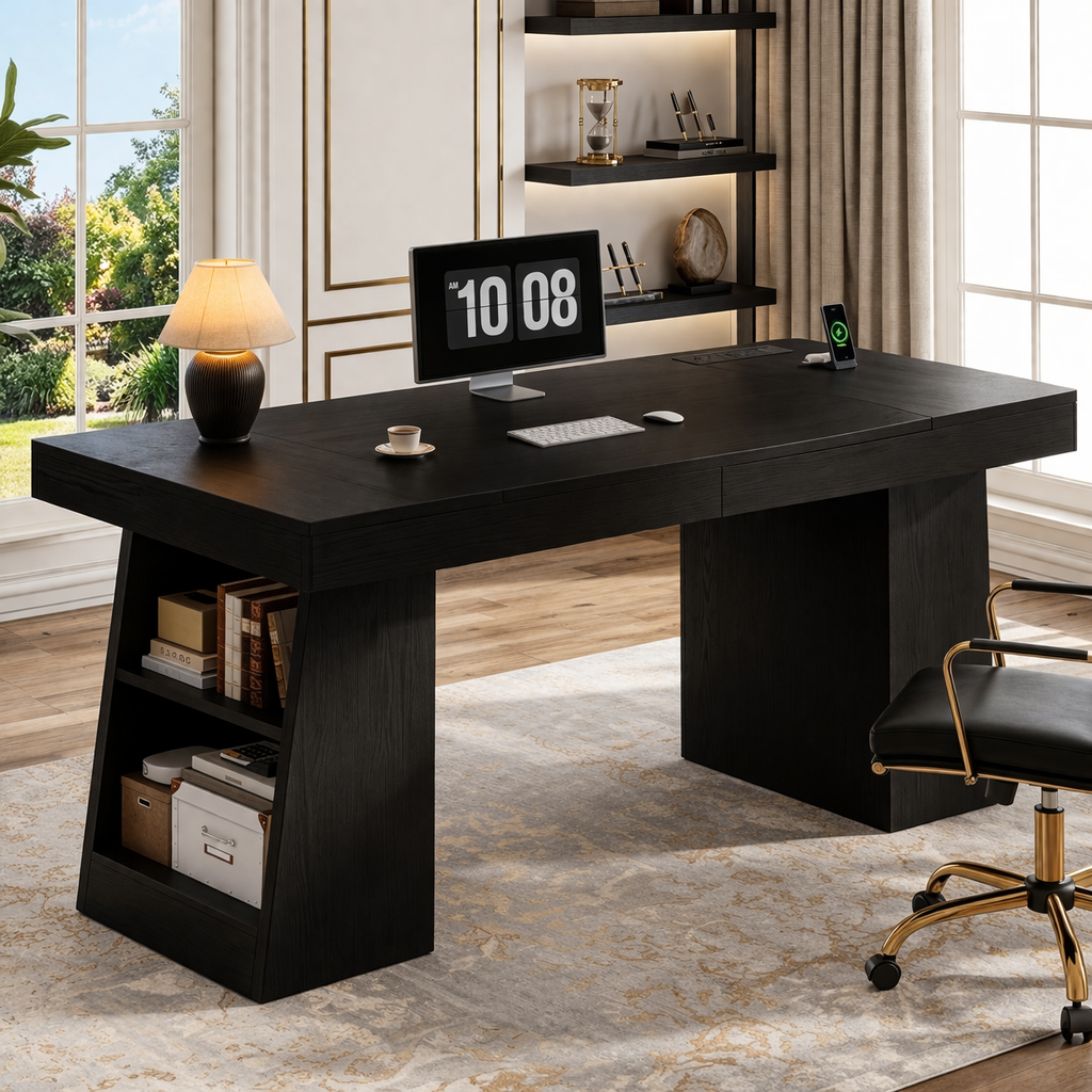 Modern Executive Desk with Built-in Storage and Spacious Work Surface