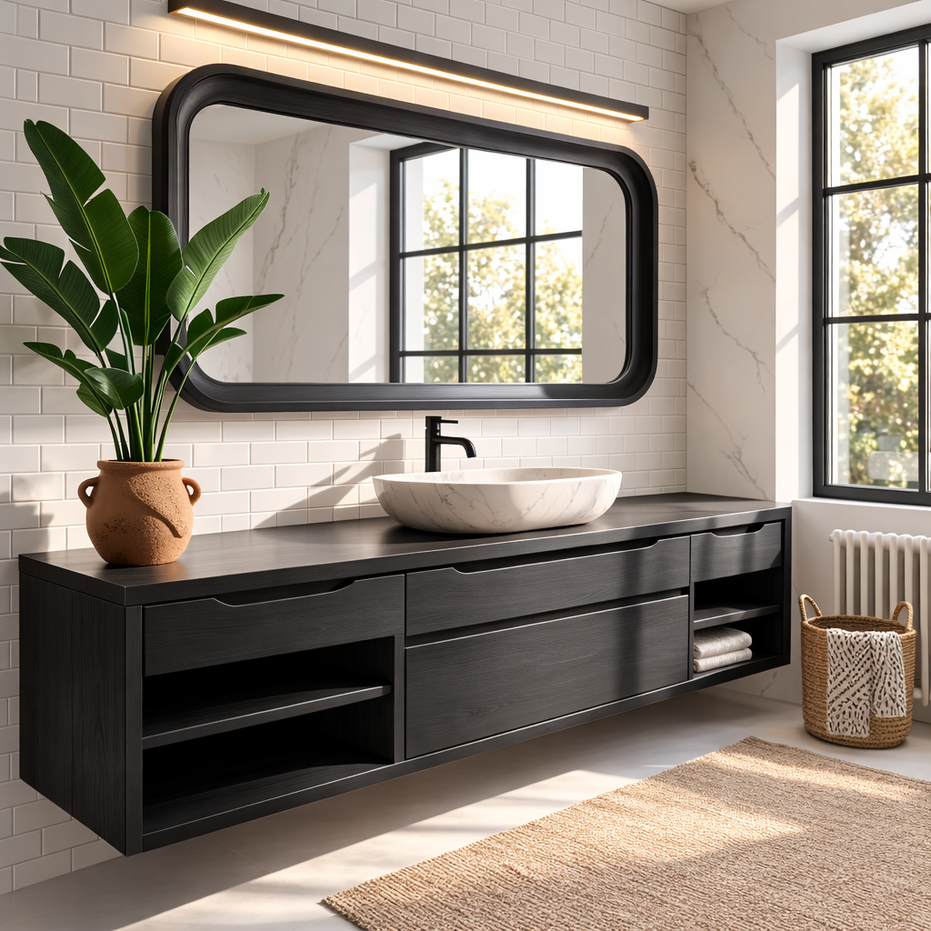 Oak Floating Vanity with Modern Design, Spacious Storage, and Sleek Marble Basin