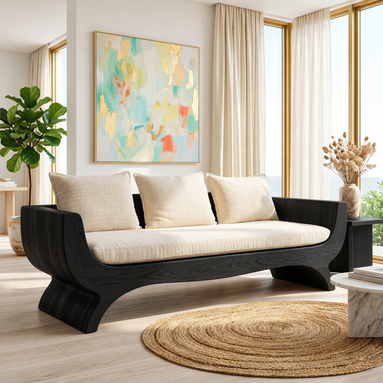Modern Upholstered Curved Sofa, Sculptural Accent Seating for Elegant Home Interiors