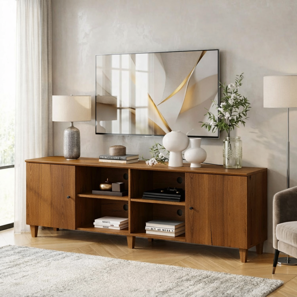 Modern Solid Wood TV Stand with Open Cubes and Side Cabinets Media Console