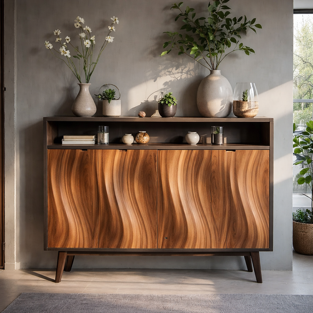 Modern Solid Wood Console Cabinet with Open Shelf and Sculpted Wood Doors