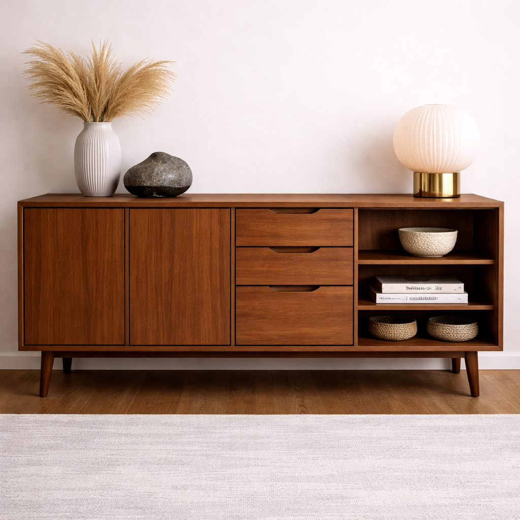 Mid-Century Solid Wood Console Cabinet with Drawers, Doors and Open Shelf