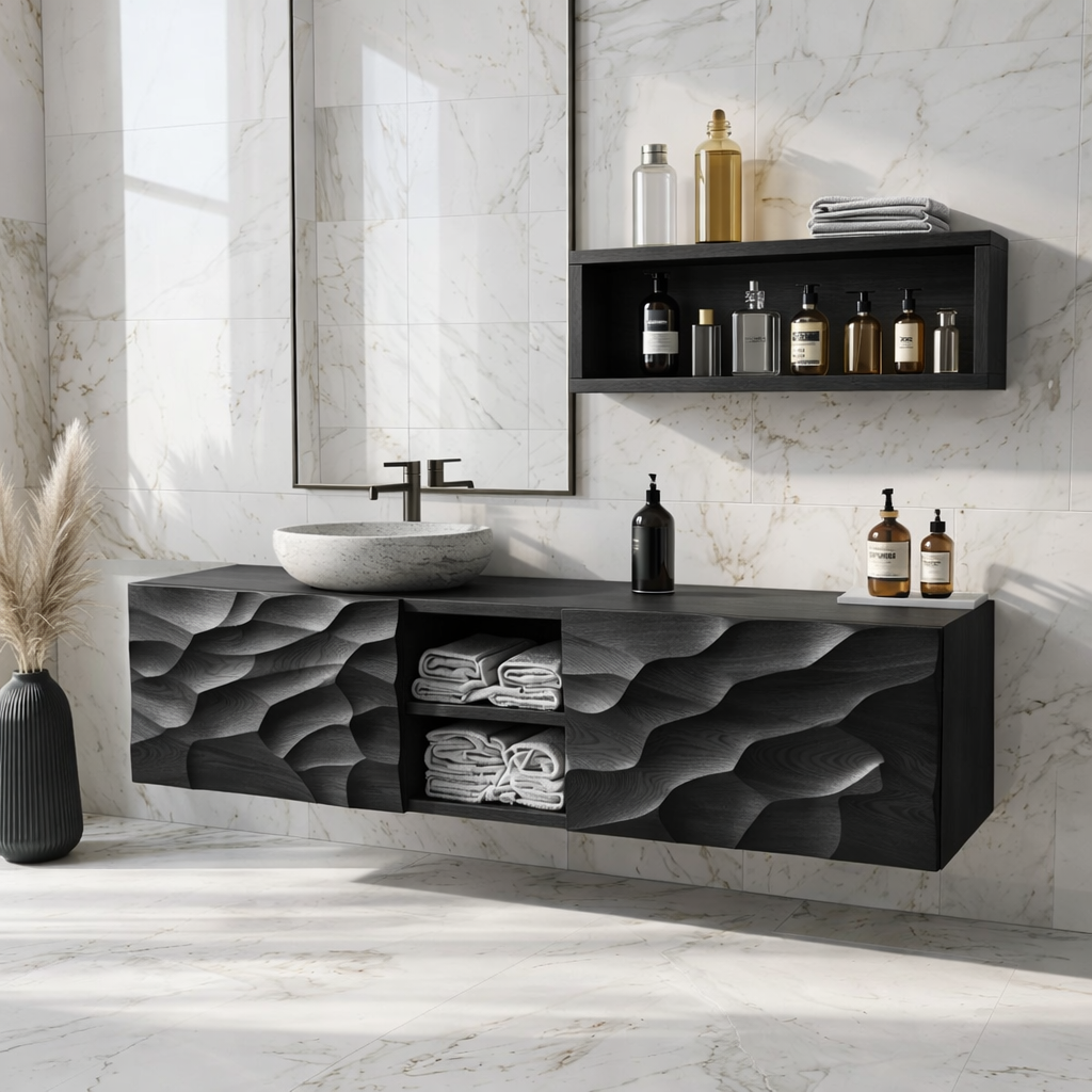 Modern Solid Wood Bathroom Vanity with Floating Storage and Sculpted Front Panels
